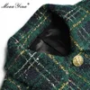 Moaayina Fashion Designer Winter Plaid Tweed Skirts Suit Womens Bow Beading Long SleeveジャケットTassel Skirt2ピースセット240318