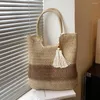 Totes Sac tissé en paille d'été Couleur contrastée avec glands Sacs de vacances à la plage Grande capacité Fait à la main Simple pour les vacances à la mer