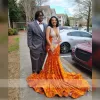 Sheer O Orange Neck Long Mermaid Prom for Black Girls Sequined Birthday Party Dresses Beaded Crystal Evening Gowns Robe
