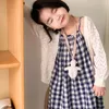 Clothing Sets Children Set 2024 Korean Style Fashionable Spring And Autumn Girls Washed Cotton Baby Matching Plaid Dress