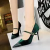 Korean Version Party 10cm 7cm High Heels Women Shoes Thin Velvet Shallow Montage Pointed Toe Metal Oneline Buckle Pumps 240320