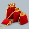 Gift Wrap 20Pcs/lot Red Gold Trim Velvet Drawstring Pouch Bag/Jewelry Bag Christmas/Wedding 7x9cm 8x10cm 10x12cm 12x15cm