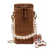 Shoulder Bags 2024 Summer Beach Cyclinder Bag Pearls Chain Crossbody Women Straw Woven Handmade Rattan Travel Mini Handbag