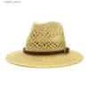 Szerokie brzegowe czapki wiadra kapelusze nowe ręcznie tkane Jazz Straw Hat Spring Summer Hollow Fedora Panama Cap Men Kobiet Outdoor Sun Ochrony Hat Sombrero Hombre L240322