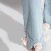 Jeans pour femmes 2024 printemps Y2k jambes stéréoscopiques décoration florale Vintage lavé et porté décontracté polyvalent pantalon droit