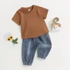 Kledingsets Peuter Baby Jongens Zomerkleding Effen Kleur T-shirt Tops Blauwe Jeans 2 STKS Outfit met korte mouwen