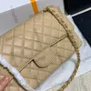 Womens Designer Beige Caviar Leather Quilted Bag Calfskin Classic Double Flap Purse Gold Metal Hardware Matelasse Chain Crossbody Shoulder Pochette Handbag 25cm