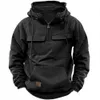 Spring and Autumn New Mens Hooded Solid Sweater Youth Sports Multi Pocket Patch Leather Coat