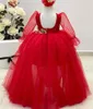Robes de fille robe en tulle rouge à la main bébé anniversaire princesse fleur longue robe de bal gonflée