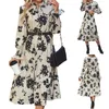 Casual Dresses Woman Fashion Cuffed Long Sleeve Floral Soe Up Halsring Big Bottom Comfort Fit Holiday Womens Cocktail Dress