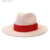 Cappelli a tesa larga Cappelli a secchiello Moda Estate Casual Unisex Spiaggia a tesa larga Jazz Cappello da sole Cappello Panama Cappello di paglia di carta Donna Uomo Berretto con nastro rosso L240322