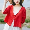 Kvinnors blusar Enkla retro Casual V-ringning Solid Color Cotton Linen Knappar Summer mode Cardigan 3/4 Sleeve Sun Protection Tops