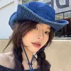 Japanese Retro Denim Drawstring Bucket Hats for Women Spring and Summer Design Versatile Sunscreen Camping Caps 240311