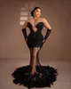 2024 Aso Ebi Robes de bal pour femmes noires Robe de soirée à plumes Illusion Sirène Perles Robe d'anniversaire perlée pour occasions spéciales AM574