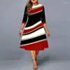 Vestidos casuales 2024 Otoño Todo Partido Moda Simple A-Line Falda Geométrica Impreso Bloque Color Cuello redondo Tallas grandes para mujeres Vestidos