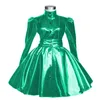 Robe de soirée en cuir PVC brillant, col roulé, bouton solide, manches longues bouffantes, mode élégante, Chic, plissée en vinyle, automne