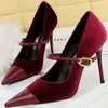 Korean Version Party 10cm 7cm High Heels Women Shoes Thin Velvet Shallow Montage Pointed Toe Metal Oneline Buckle Pumps 240320