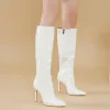 Boots White Red Stiletto High Heels Knee High Boots Fashion Sexy Skinny High Botas Pointed Toe Side Zip Pu Leather Winter Shoes 2023