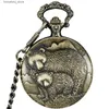 Pocket Watches Two Bears Mechanical Pocket Roman Dial Hand Winding Hollow Skeleton Steampunk Clock Full Steel Pocket Chain Gifts L240322