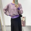 Women's Sweaters 2024 Early Spring Sweater Retro Striped Round Neck Long Sleeve Purple Knitted Top