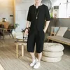 طراز Men Mensuits Solid V-tech الصيني وضعت القطن الصيفي فضفاضًا وقميصًا من الكتان متعدد الاستخدامات