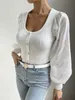 Patchwork Button White Fitted Ladies Square Neck Knitted Top 2023 Lace Mesh Long Puff Sleeves Women Blouses Elegant Tops