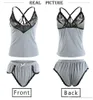 Sexy Sling Lace Patchwork Pajama Two Piece Sets Women Hollow Out Bow See Through V-Neck Sleeveless Backless Tops+Elastic Shorts