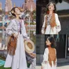 Vestidos casuales vestido de mujer estampado bordado boho blanco midi una línea de cintura alta vacaciones playa suelta manga larga