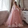 Robes de fille Floral Applique Dentelle Tulle Fleur Robe Illusion À Manches Longues Pageant Princesse Robes A-ligne Puffy Fête De Mariage Anniversaire