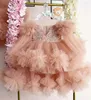 Flickaklänningar Puffy Flower Dress för bröllop Långärmar Tutu -outfit Baby First Birthday Zipper Back Real Picture 12m 24m 24m