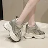 Casual Shoes Spring Women Dreattable Mesh Chunky Sneakers 10cm High Platform LACE-UP Summer Sport Leather Woman 2024