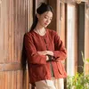 Damesblouses Johnature Dames Chinese Stijl Katoen Linnen Shirts En Tops O-hals Lange Mouw Lente 2024 Effen Kleur Zakken