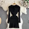Casual Dresses Women Knitting Dress Fall Winter Korean Style A-Line Mini Solid Color Drawstring V-Neck Hooded Sticked For Ladies