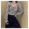 Camicie a maniche lunghe da donna Crop Top Plaid con volant Colletto quadrato Retro Slim elegante pieghettato Streetwear Camicetta femminile casual S-5XL 240318