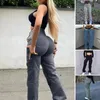 Calças femininas multi-bolso estilo hip-hop carga de cintura alta com vários bolsos cor sólida bunda levantada para streetwear