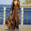 Robes décontractées automne élégant col en V robe de soirée en vrac femmes mode imprimé léopard taille haute taille longue manches de printemps maxi
