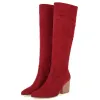 Bottes Faxu Suede Knee High Boots Femme Chaussures Automne Hiver Fashion Long Tal Bot Boot Feme Bloc High Talons Flock Black Red Party Chaussures