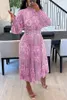 Casual Dresses African Print Dress Fashion Pearl Belt Printed Pleated Lantern Sleeves Chiffon Half High Neck Loose Female No