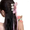 Grampos de cabelo fita arco slides ballet hairclip pérolas bowknot acessório colorido hairpin elegante bandana para mulher