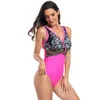 Costumi da bagno da donna Retro Monikini da donna Costume intero elegante con scollo a V con patchwork con stampa wireless imbottito per la spiaggia