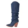 Laarzen 2023 mode denim vrouwen knie high laarzen wiggen hoge hak western laarzen herfst wintermeisjes cowboy laarzen plus maat 3443