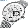 الساعات الرجالية Crrju Top Brand Luxury Ruitproof Ultra Date Think Clock Slay Steel Strap عرضة كوارتز مشاهدة White Sport Wristwatch L165S
