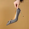 Dress Shoes 2024Spring Grey Women's High Heels Spring Brown Horse Hair Shallow Mouth Pointed Single Temperament Bow Slim