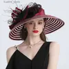 Breda randen hattar hink hattar eleganta kvinnors fjädermönstrade kentucky derby hatt 16 cm bred brun kyrkklänning solhatt sommarstrandparti bröllopshatt l240322