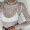 2024 herbst Elegante Durchsichtig Langarm Mock Neck Frauen Tops Mode Streetwear Sexy T-Shirts Tees Dünne Kleidung 240321