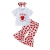 Kläduppsättningar Småbarn Baby Girl Summer Outfit känner Berry Good Strawberry T-shirt Top Fleared Pants pannband 3 st kläduppsättning