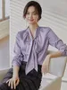 Women's Blouses Autumn Style Shirt Satin Front Neck Lace Up Long Sleeve Cuff Horizontal Buckle Design