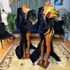 2024 Plus Size Aso Ebi Ebi Sukienki dla czarnych kobiet pierzaste sukienki wieczorne Seksowne wysokie rozdzielone koraliki suknie urodzinowe Suknie Recepcyjne AM577