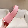 Chaussures décontractées de styliste pour femmes, pantoufles d'été en cuir véritable rose à bout ouvert et talons hauts compensés en cristal