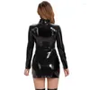 Casual Dresses Autumn Winter Long Sleeve Zipper Cardigan Erotic Women Sexy Tight Stretch Wrap Hip Dress Slim Latex Patent Leather Gown